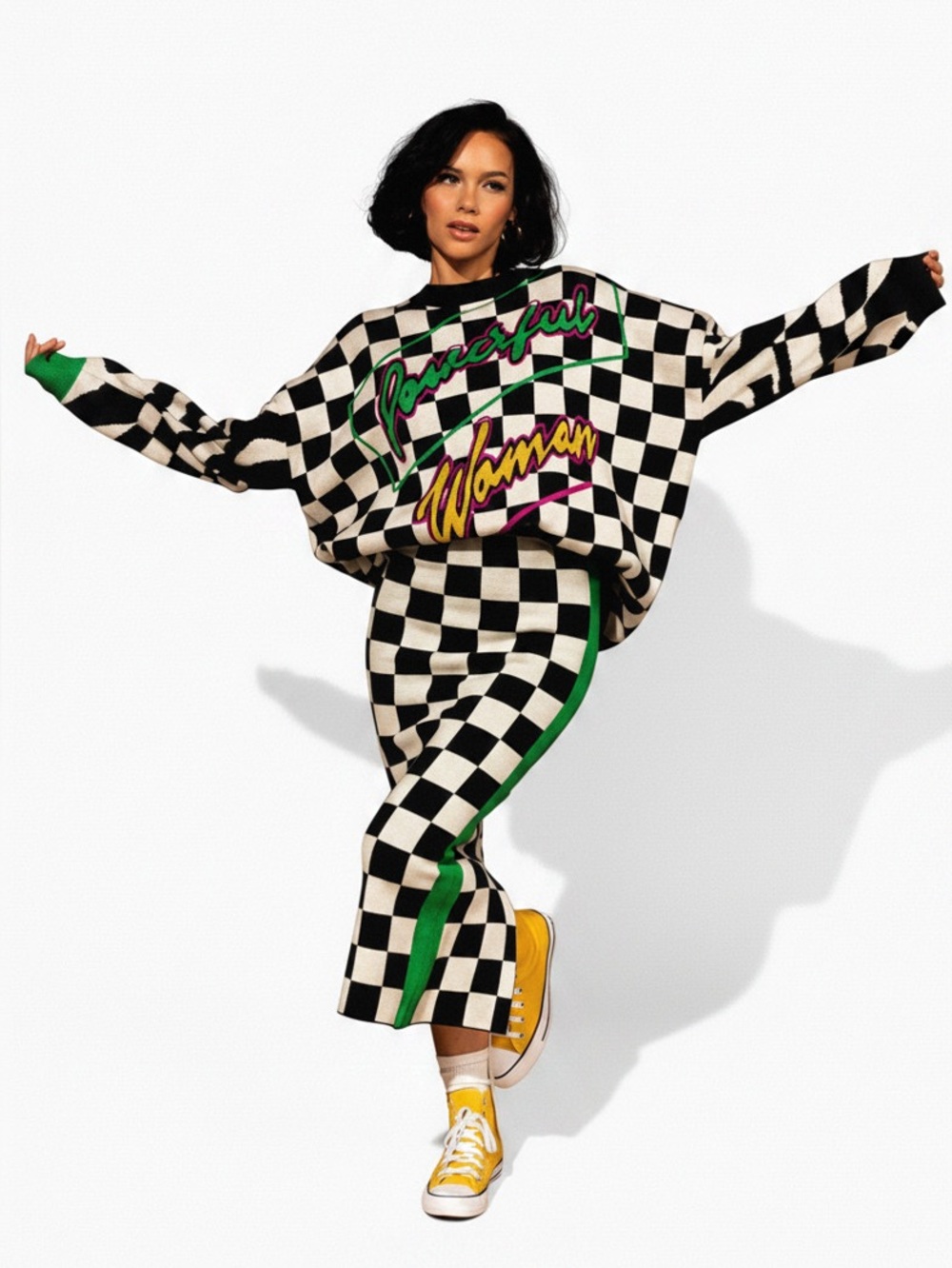 Dressed in LALA Powerful Woman Grand Prix Checkerboard Oversized Sweater NWT - Picture 1 of 9